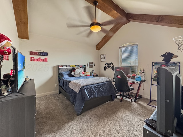 carpeted bedroom with lofted ceiling with beams and ceiling fan