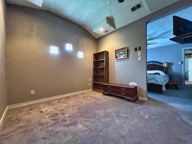 interior space featuring vaulted ceiling, ceiling fan, and carpet