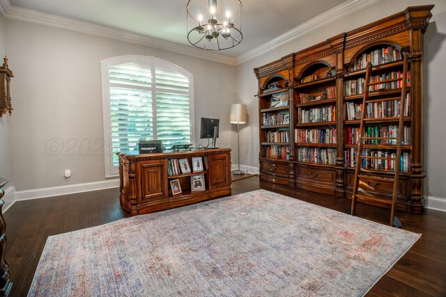 2112 Clubview, Amarillo, TX 79124 - home office with a chandelier, dark wood finished floors, crown molding, and baseboards