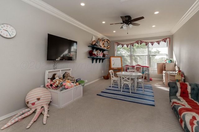 2112 Clubview, Amarillo, TX 79124 - living room with crown molding, baseboards, recessed lighting, carpet flooring, and ceiling fan