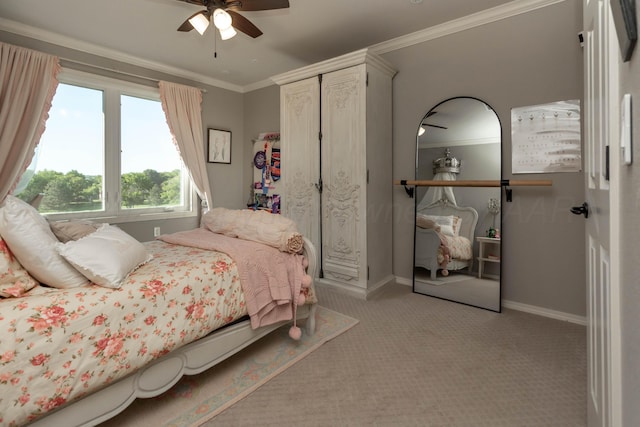 2112 Clubview, Amarillo, TX 79124 - bedroom with light carpet, crown molding, baseboards, a closet, and a ceiling fan