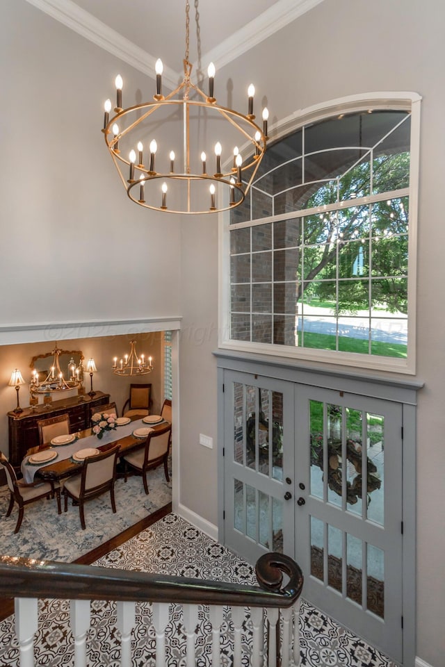 2112 Clubview, Amarillo, TX 79124 - interior space with a chandelier, ornamental molding, baseboards, french doors, and carpet floors