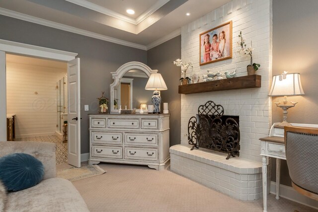 2112 Clubview, Amarillo, TX 79124 - bedroom featuring light colored carpet, a brick fireplace, ornamental molding, recessed lighting, and baseboards