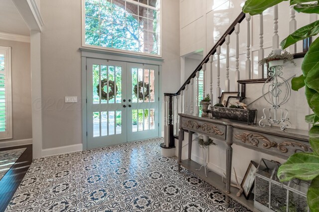 2112 Clubview, Amarillo, TX 79124 - entryway with french doors, crown molding, stairway, plenty of natural light, and a towering ceiling