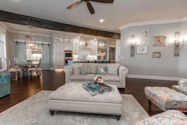 2112 Clubview, Amarillo, TX 79124 - living room with a ceiling fan, baseboards, crown molding, dark wood-type flooring, and a barn door