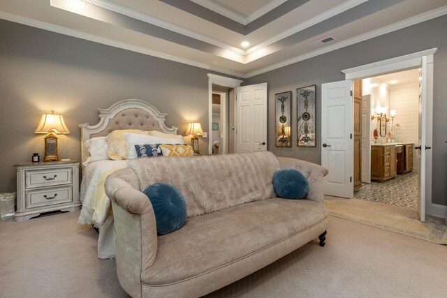 2112 Clubview, Amarillo, TX 79124 - carpeted bedroom featuring crown molding, a tray ceiling, connected bathroom, and recessed lighting