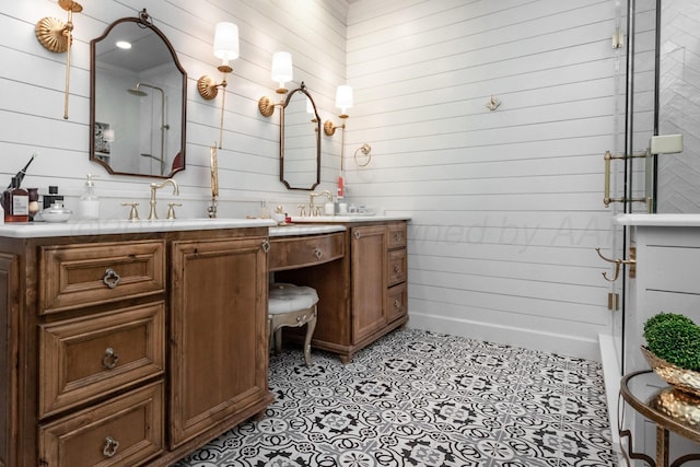 2112 Clubview, Amarillo, TX 79124 - bathroom featuring vanity, wood walls, and an enclosed shower