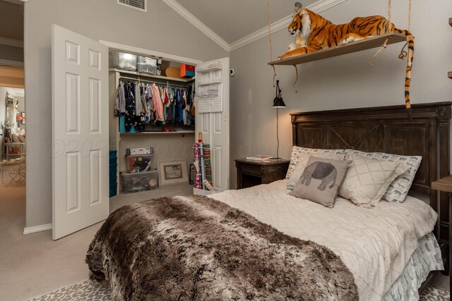 2112 Clubview, Amarillo, TX 79124 - bedroom featuring lofted ceiling, carpet, a closet, and ornamental molding