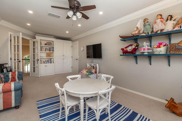 2112 Clubview, Amarillo, TX 79124 - dining area featuring carpet flooring, recessed lighting, ceiling fan, ornamental molding, and baseboards