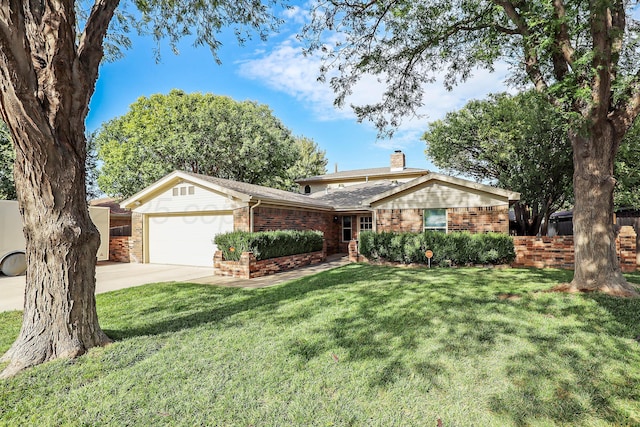 ranch-style home with a garage and a front yard