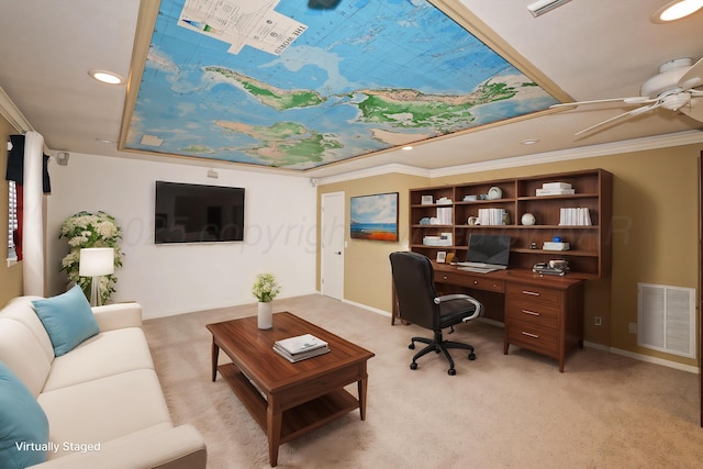 office space featuring light carpet, crown molding, and ceiling fan