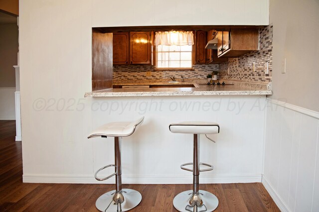 220 Hickory St, Hereford, TX 79045 - bar featuring under cabinet range hood, dark wood-style flooring, tasteful backsplash, and wainscoting