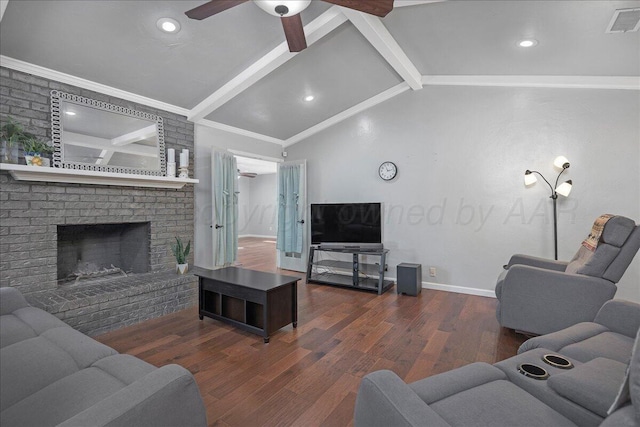7104 Old Kent Rd, Amarillo, TX 79109 - living area with a ceiling fan, wood finished floors, a brick fireplace, recessed lighting, and ornamental molding