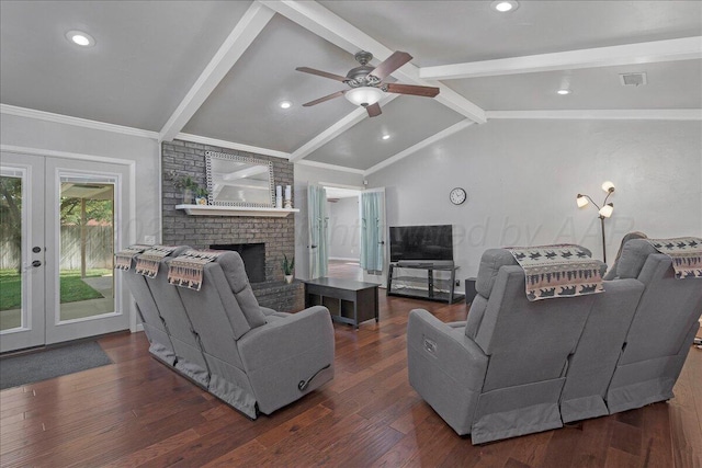 7104 Old Kent Rd, Amarillo, TX 79109 - living room with french doors, ceiling fan, a fireplace, dark wood finished floors, and recessed lighting