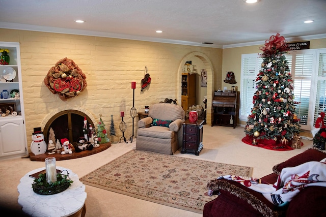 carpeted living room with a textured ceiling and crown molding