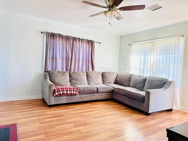 2400 SW 4th Ave, Amarillo, TX 79106 - living room with visible vents, baseboards, a ceiling fan, and light wood finished floors