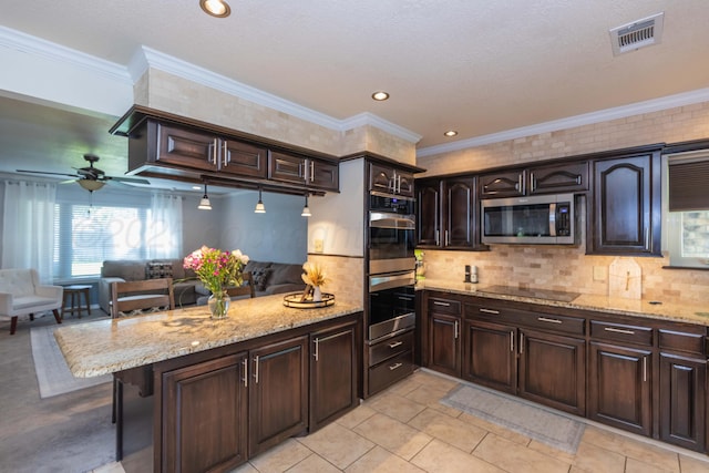 kitchen with stainless steel appliances, a peninsula, a ceiling fan, backsplash, and ornamental molding