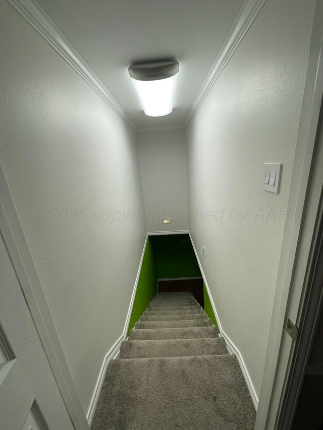 staircase featuring carpet floors, baseboards, and crown molding