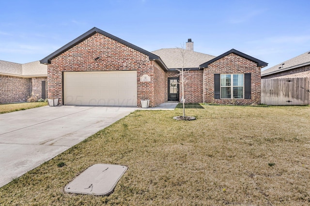 single story home with concrete driveway, a chimney, fence, an attached garage, and brick siding