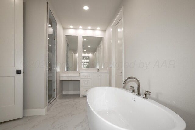 bathroom featuring vanity and plus walk in shower