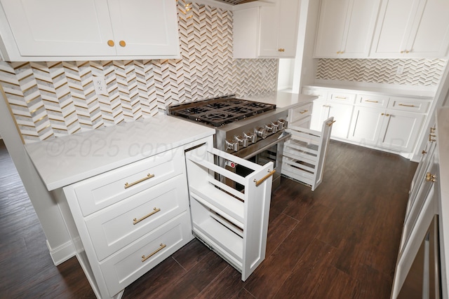 kitchen featuring high end stainless steel range oven, dark wood-type flooring, tasteful backsplash, and white cabinets