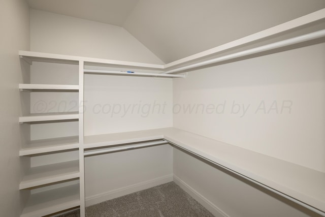 spacious closet featuring vaulted ceiling and dark carpet