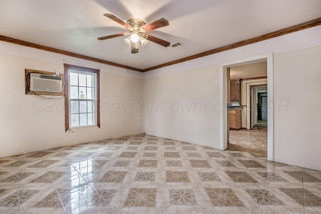 102 S Sumner St, Pampa, TX 79065 - unfurnished room featuring a wall mounted AC, crown molding, a ceiling fan, and light tile patterned floors