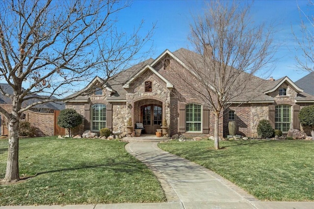 view of front of home with a front lawn and french doors