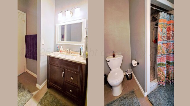 907 Cherry Ave, Dalhart, TX 79022 - bathroom featuring vanity, a stall shower, toilet, and baseboards