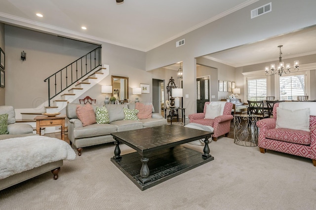 7826 Tarrytown Ave, Amarillo, TX 79121 - living area featuring ornamental molding, carpet, a chandelier, and visible vents