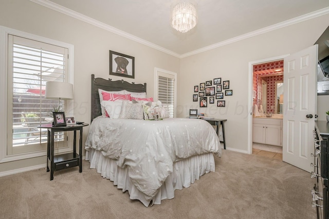 7826 Tarrytown Ave, Amarillo, TX 79121 - bedroom with crown molding, baseboards, an inviting chandelier, and light colored carpet