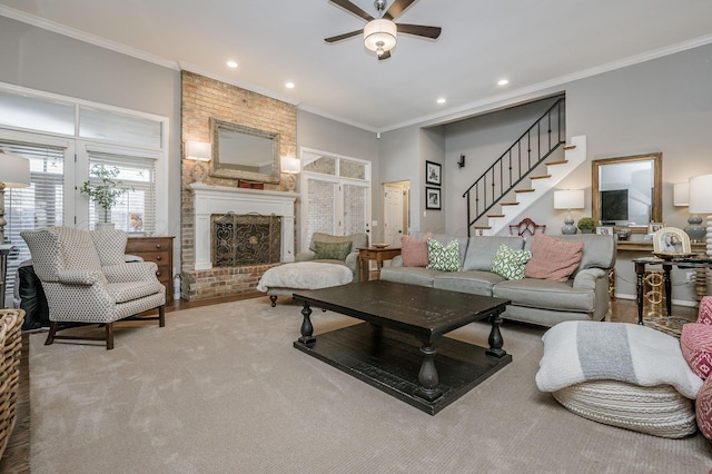 7826 Tarrytown Ave, Amarillo, TX 79121 - living room featuring ornamental molding, a fireplace, stairway, recessed lighting, and a ceiling fan