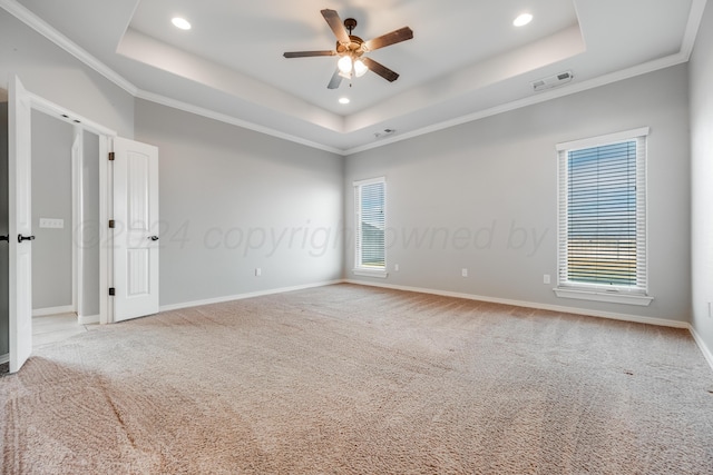 carpeted empty room featuring crown molding, a tray ceiling, and a healthy amount of sunlight