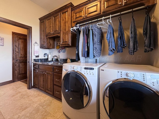 2501 Mackenzie Trl, Amarillo, TX 79124 - laundry room featuring washer and clothes dryer, a sink, cabinet space, light tile patterned floors, and baseboards