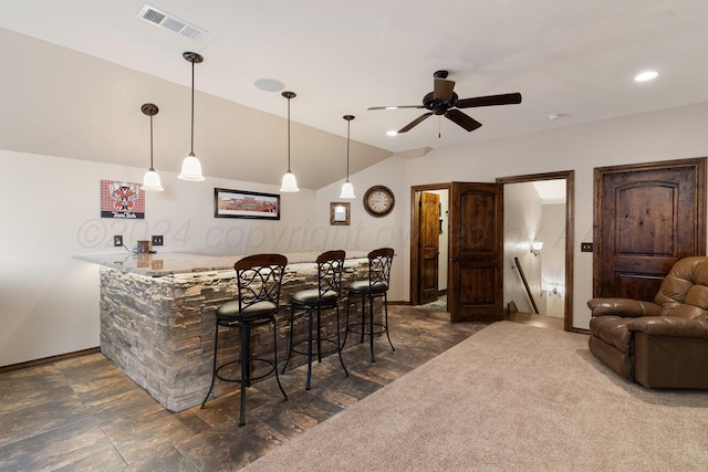 2501 Mackenzie Trl, Amarillo, TX 79124 - bar with visible vents, indoor bar, lofted ceiling, hanging light fixtures, and a ceiling fan