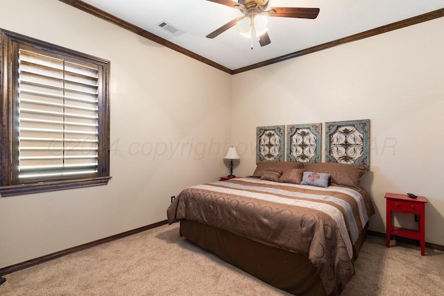 2501 Mackenzie Trl, Amarillo, TX 79124 - carpeted bedroom featuring a ceiling fan, baseboards, visible vents, and ornamental molding