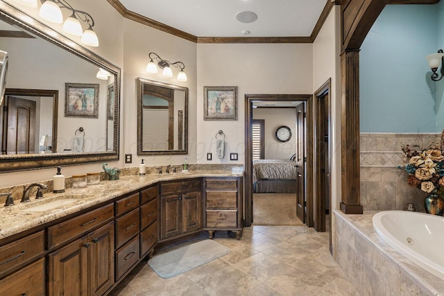 2501 Mackenzie Trl, Amarillo, TX 79124 - full bathroom featuring double vanity, a whirlpool tub, crown molding, and a sink