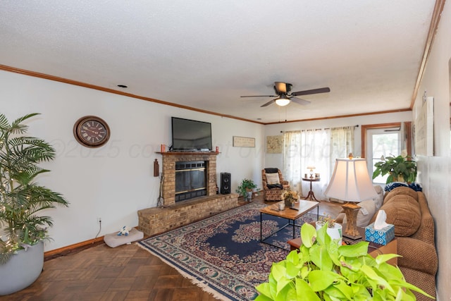 2041 S Travis St, Amarillo, TX 79109 - living area with ceiling fan, a brick fireplace, and crown molding