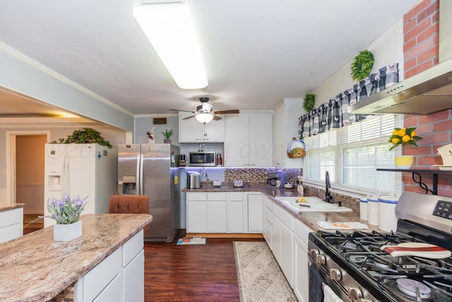 2041 S Travis St, Amarillo, TX 79109 - kitchen featuring stainless steel appliances, white cabinets, dark wood-style floors, ceiling fan, and light stone countertops