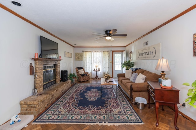 2041 S Travis St, Amarillo, TX 79109 - living room featuring crown molding, ceiling fan, and a fireplace