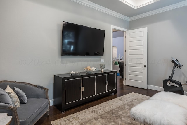 bedroom featuring dark wood-type flooring and crown molding