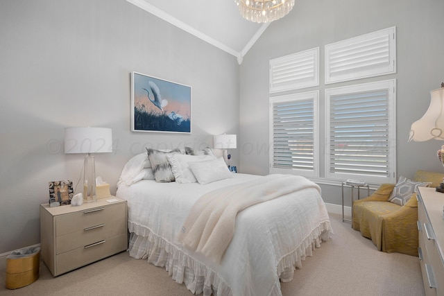 bedroom featuring ornamental molding, light colored carpet, and lofted ceiling