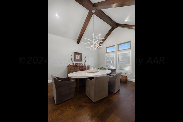 dining space with dark hardwood / wood-style flooring, beamed ceiling, high vaulted ceiling, and an inviting chandelier