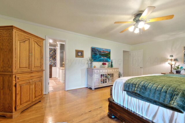 5200 Kingswood Cir, Amarillo, TX 79109 - bedroom with ornamental molding, light wood finished floors, and ceiling fan