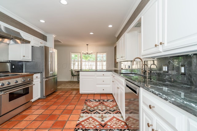 3220 S Travis St, Amarillo, TX 79109 - kitchen featuring appliances with stainless steel finishes, ornamental molding, a chandelier, backsplash, and a peninsula