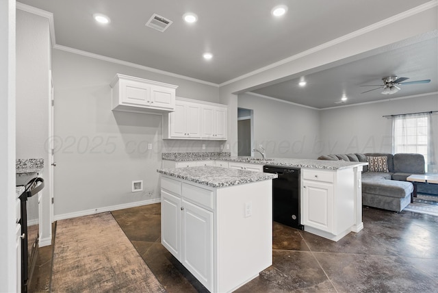 7400 Jake St, Amarillo, TX 79119 - kitchen with black dishwasher, a peninsula, a ceiling fan, a kitchen island, and open floor plan