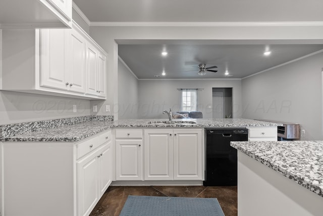 7400 Jake St, Amarillo, TX 79119 - kitchen with dishwasher, ornamental molding, a ceiling fan, a peninsula, and light stone counters