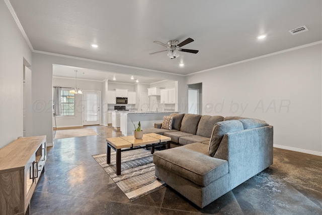 7400 Jake St, Amarillo, TX 79119 - living area featuring finished concrete floors, ceiling fan, ornamental molding, and recessed lighting