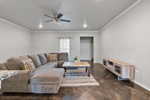 7400 Jake St, Amarillo, TX 79119 - living room featuring ornamental molding, ceiling fan, recessed lighting, and concrete floors