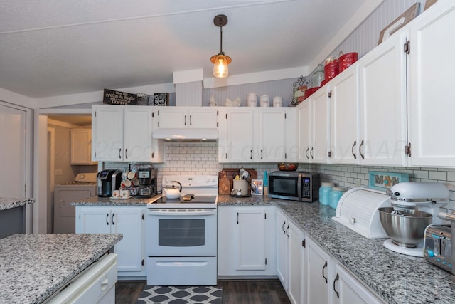 kitchen featuring white cabinets, electric stove, under cabinet range hood, stainless steel microwave, and light stone counters